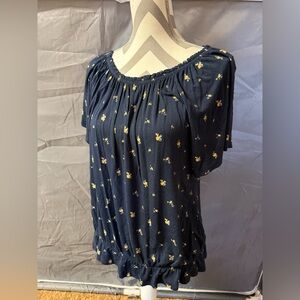 Women’s Navy Blue Short-Sleeve Floral Peasant Top